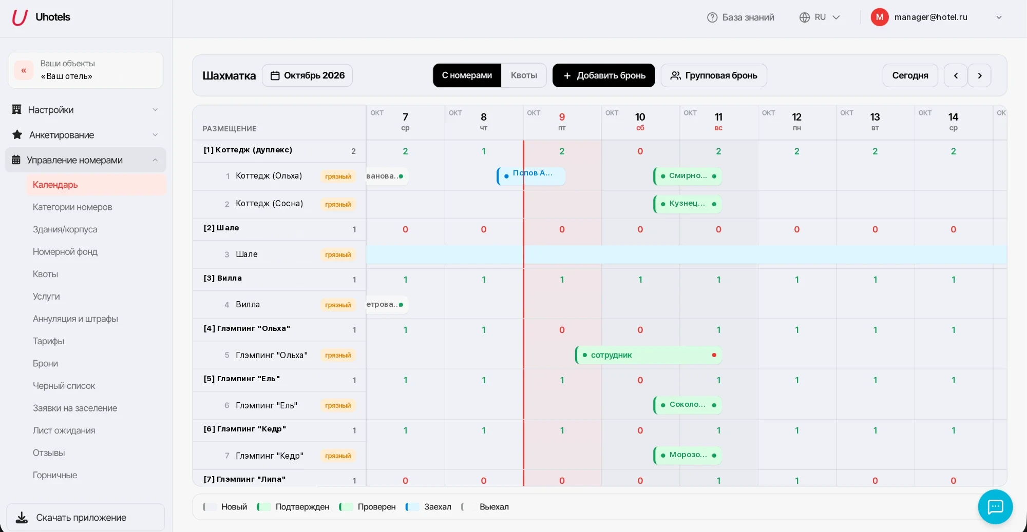 HotelCloud PMS: шахматка бронирований — номера, брони гостей и статусы уборки