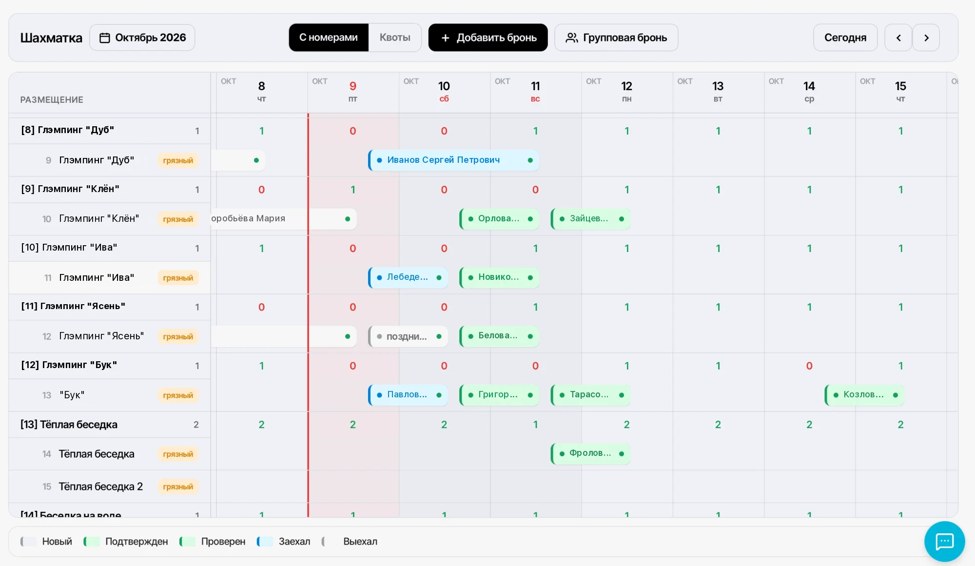 HotelCloud PMS: шахматка — номера, брони гостей по статусам, свободные места по дням