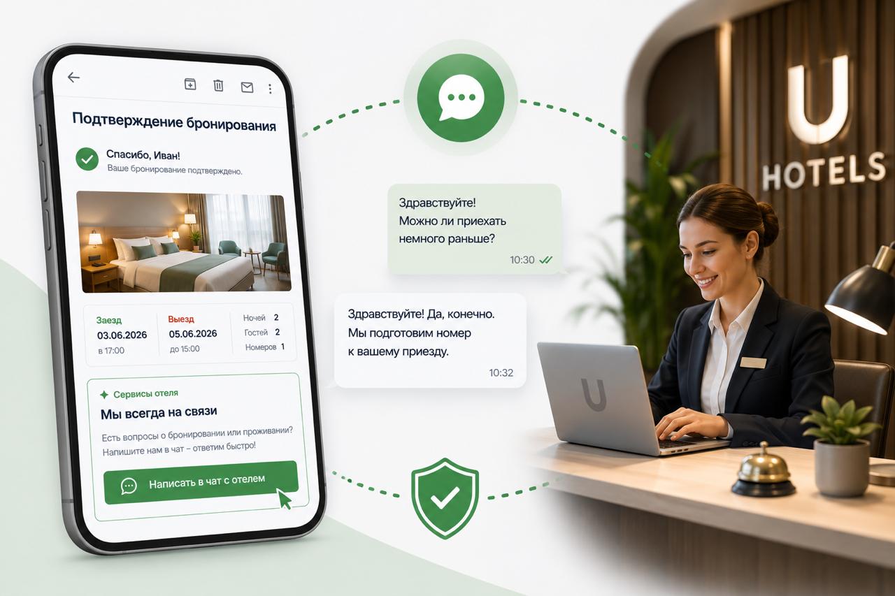 Гость может написать вам прямо из подтверждения бронирования в UChat